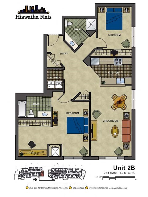 Floor plan for 2 beds, 2 baths, 1317 sqft